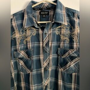 Ely 1878 Mens SZ XXL Blue gray Plaid snap button down Cowboy shirt 100%cotton